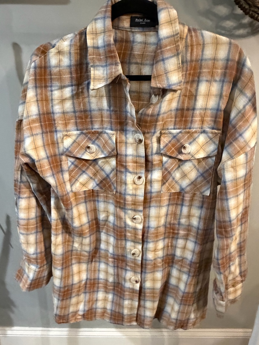 Noémi Kent Plaid Button-Up Shirt in Cream, Brown & Blue Checks size medium